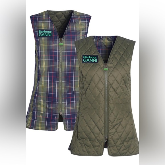 NWT Barbour x Ganni Collab Betty Reversible Vest Green size US10 UK14 - Picture 3 of 12
